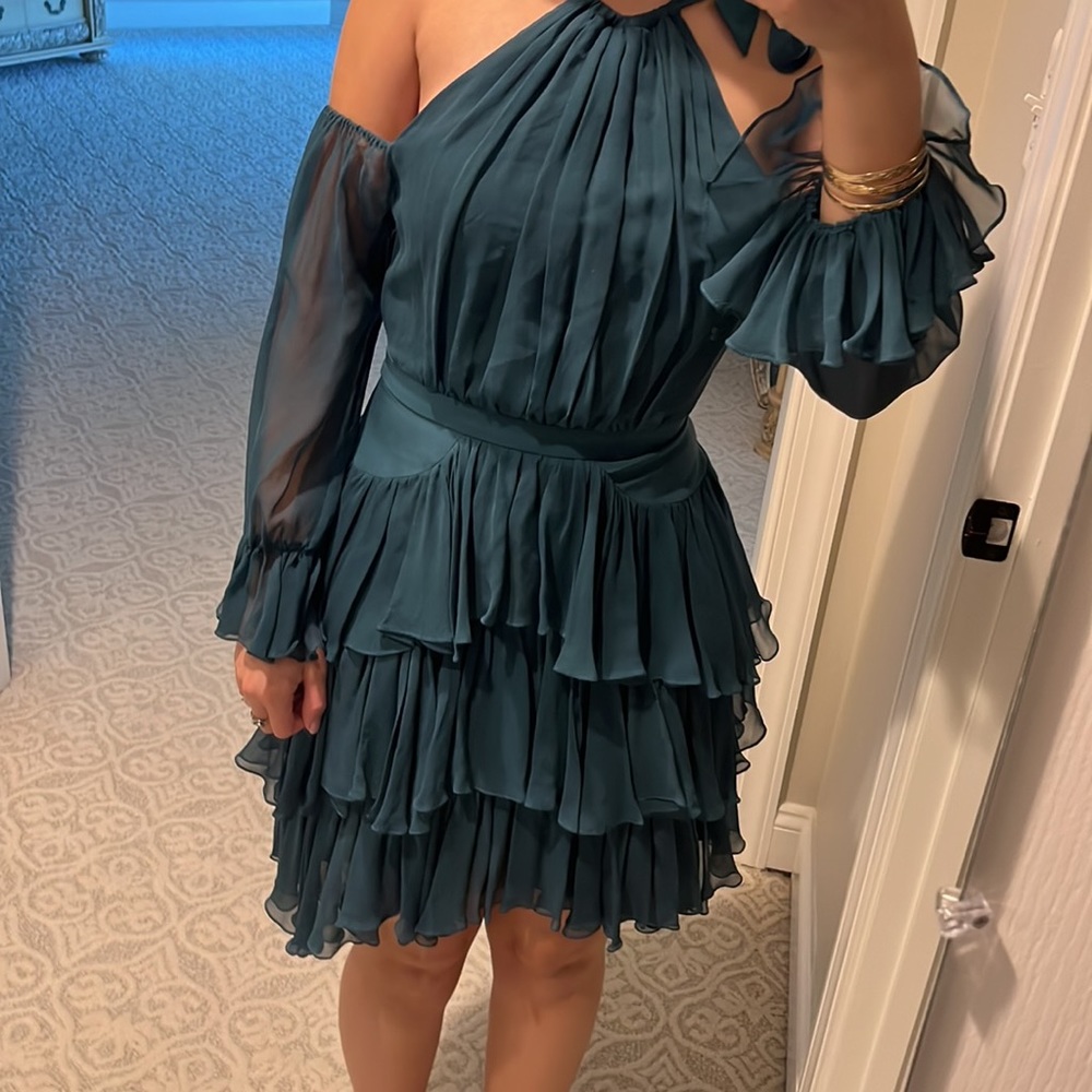 Cinq a Sept Ruffled Emerald Green Dress with shelves Chiffon
